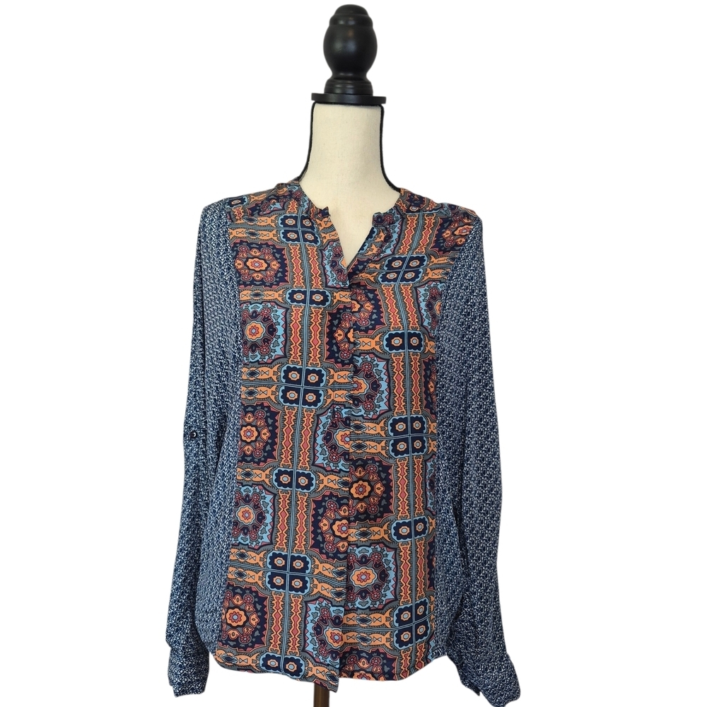 Tolani Top Multicolor Print Long Sleeve Popover  100% Silk Women's Size XS